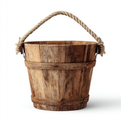 An antique wooden bucket with a rope handle, showcasing rustic charm and simplicity. It evokes a sense of nostalgia and natural texture.