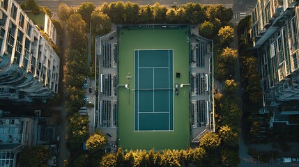 Minimalist aerial shot of green tennis court with open center space, offering perfect background for sports marketing, tournament posters, and healthy lifestyle promotions.