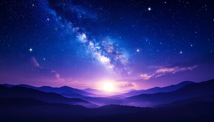 Naklejka premium Majestic mountain range at sunrise, a vibrant milky way