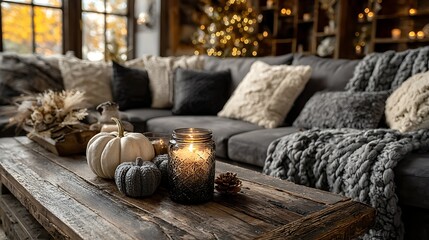 Cozy autumn living room with warm wool blanket draped over sofa, soft candlelight creating intimate ambiance, and empty right-side couch space perfect for relaxation or reading time.