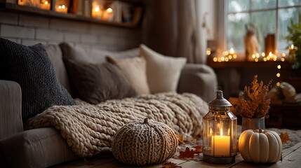Warm and inviting autumn living room with soft wool blanket, glowing candlelight on side table, and spacious empty right couch area offering calm and comfort in home interior design.