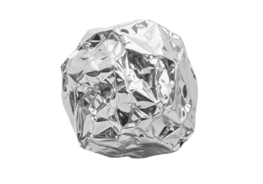 Crumpled white plastic sheet with metallic sheen, reflective highlights, soft folds, and sharp glints, floating on a pristine transparent studio background with intense lighting, concept of abstract