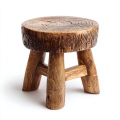A small, rustic wooden stool captured in a studio setting, showcasing its unique design and texture.
