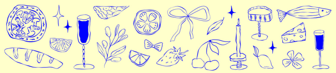 Amalfi italian sketch food with lemon blue color. Mediterranean sketch food lemon with pizza and pasta trendy style. Amalfi outline italian doodle design.