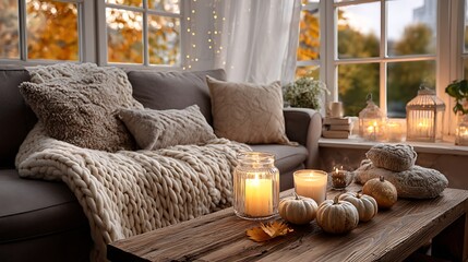 Comfortable autumn living room with plush wool blanket on sofa, glowing candlelight for warm ambiance, and empty right side couch space ideal for reading, resting, or adding decorative elements.