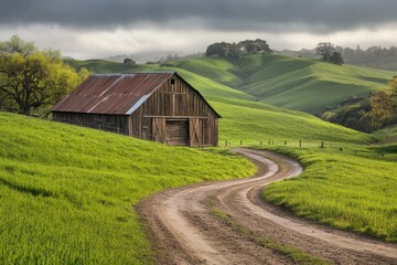 Rustic barn nestled in rolling hills. A winding dirt road leads to an aged wooden barn with a rusty metal roof. Green pastures and hillsides stretch out under a cloudy sky