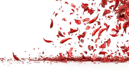Red chili peppers and flakes falling on white background