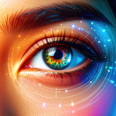 Close up human eye with hologram data.