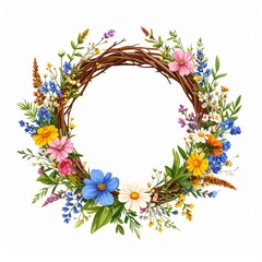 Rustic Floral Wreath with Colorful Wildflowers and Green Leaves on White Background