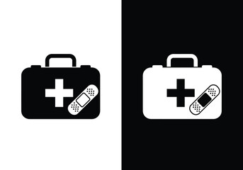 A medical first aid kit symbol with a cross and a bandage, presented in both black and white versions against contrasting backgrounds.
