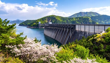 Concrete Dam in Japan with Cherry Blossoms and Lush Green Mountains