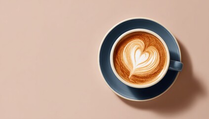 Flat lay of a coffee cup with heart-shaped latte art on a pastel background, in a minimalist style, high-resolution photography, with intricate details. 
