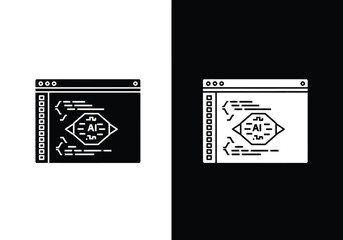 A line art icon of a computer window showing an artificial intelligence development interface with code snippets.