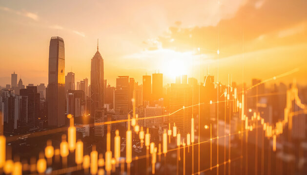 Photography of a Virtual financial stock market graph with upward trending lines and candlestick charts on the background of an urban skyline.