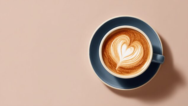 Flat lay of a coffee cup with heart-shaped latte art on a pastel background, in a minimalist style, high-resolution photography, with intricate details. 