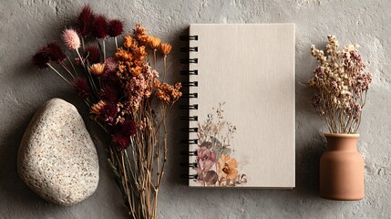 Artistic flatlay of open sketchbook surrounded by delicate dried flowers on soft blank background, perfect for lettering, creative journaling, and inspirational design layouts.