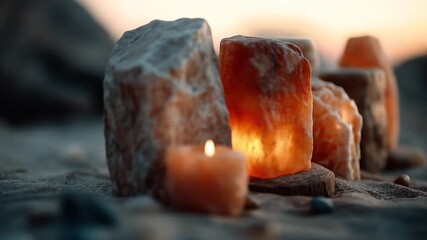 Himalayan Salt Candle Display: Warm, inviting, and calming scene of Himalayan salt lamps illuminated by a small candle creating a spa-like atmosphere against a backdrop of soft natural light.