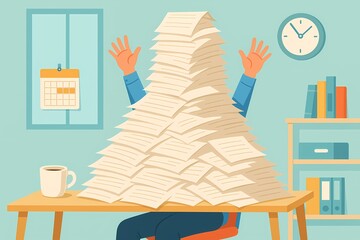 A man is sitting at a desk with a pile of papers on top of him