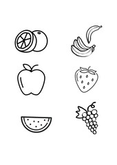 Simple black and white line drawings of various fruits, including oranges, bananas, apples, strawberries, watermelon, and grapes.