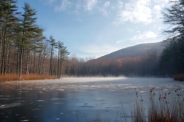 Fototapeta premium A serene icy lake rests among shimmering, frosty woodland views.