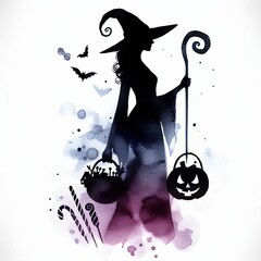 Watercolor halloween witch silhouette with pumpkin and candy cane illustration