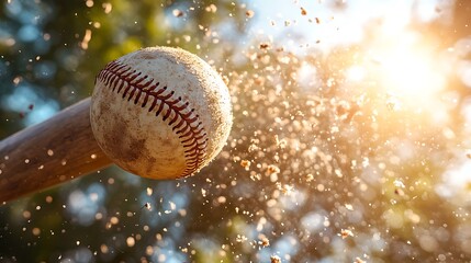 Baseball bat hitting a baseball, sending dirt flying.