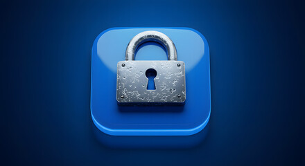 Blue background and metal padlock, symbolizing digital security and protection, safety