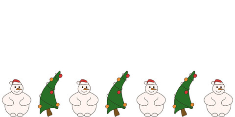 Christmas Frame template design. Vector illustration of silly flat snowman and Christmas tree Frame with copy space. Perfect sale winter New Year banner background layout. EPS 10