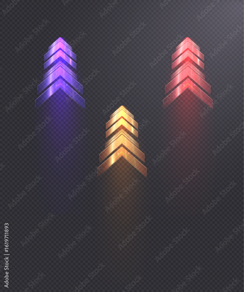 Poster set of bright effects of colorful arrows with multicolored sparkles and glow. vector effect of accel