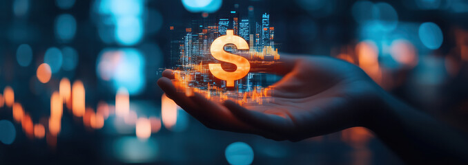 Photography of human hand holding digital S hologram with trading market graph background.