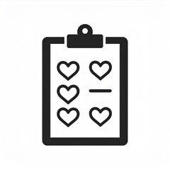 Clipboard Icon with Heart Shapes Checkmarks List in Black and White Simple Design