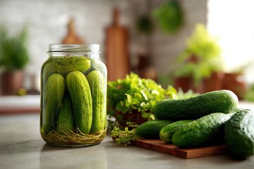Pickled cucumbers in a glass jar, surrounded by fresh cucumbers and herbs on a kitchen counter