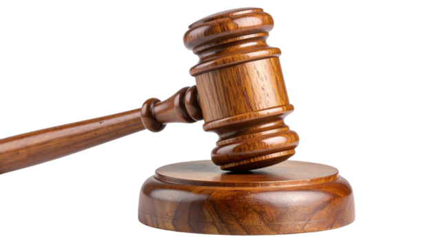 Wooden gavel with sound block, isolated on a transparent or white background (PNG format). Ideal for legal, courtroom, auction, or justice-themed visuals