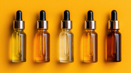  Amber glass dropper bottles on yellow background essential oil skincare cosmetic mock up for wellness and beauty branding visuals