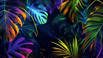 Fototapeta premium A mysterious dark jungle at night, illuminated by vibrant neon lines and lush palm leaves, creating an exotic and energetic atmosphere perfect for a tropical party background
