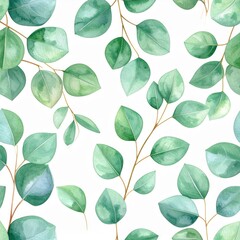 Fototapeta premium Watercolor Green Eucalyptus Leaves Seamless Pattern on White Background Design