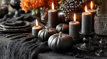 Elegant Halloween table arrangement with glowing candles, bright pumpkins, and dramatic black fabric, offering empty center space perfect for seasonal greeting or text overlay.