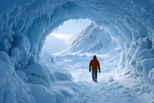 Adventurer exploring majestic ice cave landscape
