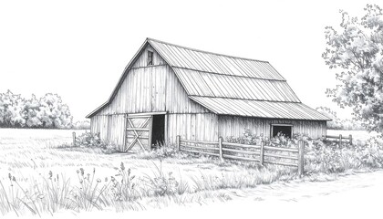 Pencil sketch of a rustic barn
