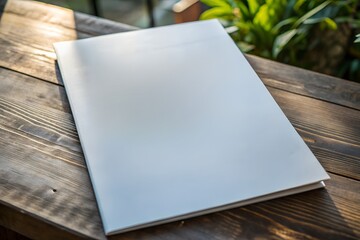Blank white magazine cover on rustic wooden table outdoors