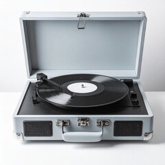Fototapeta premium Silver Portable Record Player With Black Vinyl On White Background Studio Shot