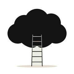 Ladder reaching into a dark cloud isolated on white background