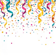 Fototapeta premium Vibrant Confetti and Streamers Falling on White Background for Festive Celebrations