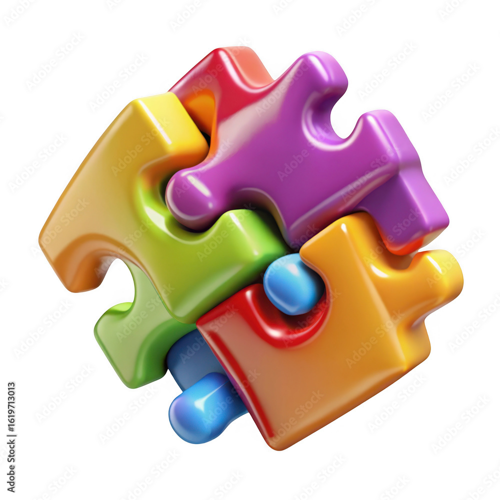 Poster 3d colorful puzzle pieces interlocking isolated on transparent background