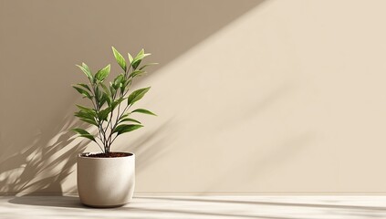 Fototapeta premium 3D rendering of a potted plant on a table with sunlight casting a shadow. Realistic background design. Orange and yellow colors, minimalist style. 