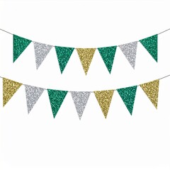 Obraz premium Glitter Bunting Garland Decoration in Green Gold and Silver Triangle Pennants Hanging on String Festive