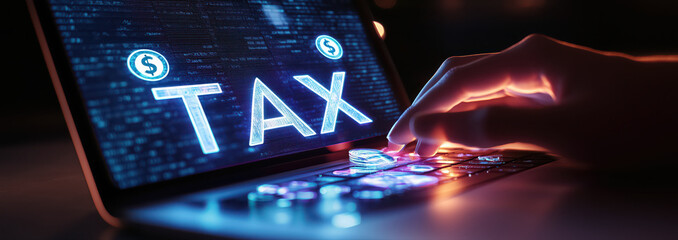 Photography of a person using a laptop with Hologram "TAX" text and hologram icons of money with bright background.