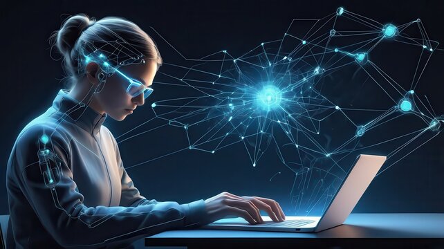 Woman with glasses typing on laptop with glowing network overlay in a dark futuristic setting