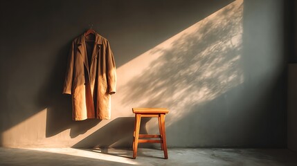 Cozy modern living room corner with wooden stool, hanging coat and blank muted wall in warm golden morning light, creating tranquil minimalist interior decor concept.