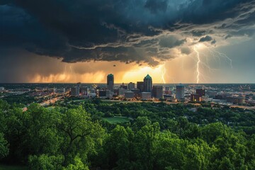 City skyline under dramatic thunderstorm